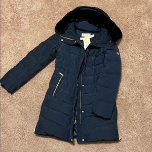 Michael Kors Faux-Fur-Collar Down Puffer Coat Small Navy